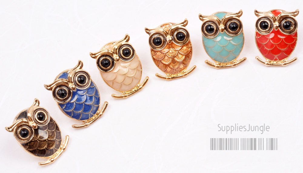 E181-G-MU// Gold Plated Lovely Multi Color Epoxy Owl Earring Post, 2pcs