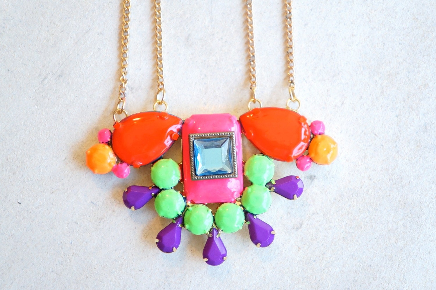 Statement Necklace Hand Painted Neon Acrylic Rhinestones in Orange PInk Green Purple