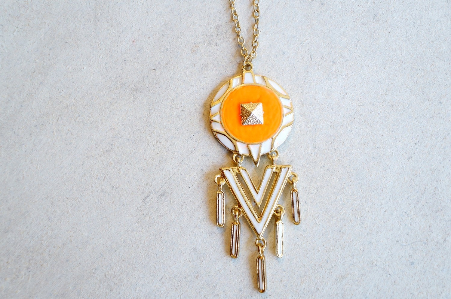 Hand Painted Neon Orange and Gold Tribal Inspired Statement Necklace