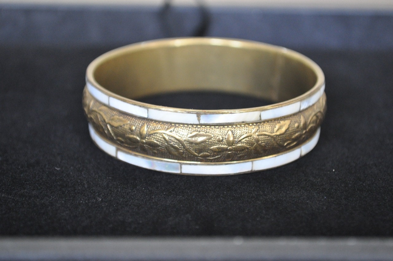 Vintage mother of pearl and brass bangle bracelet