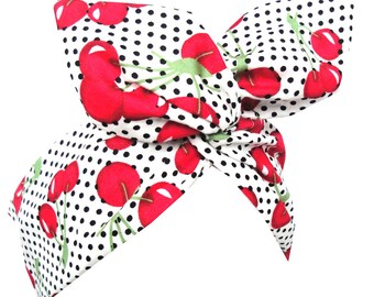 White with red Cherry print and black polka dots Wire Headband Pin Up ROCKABILLY