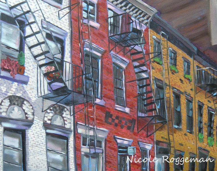 New York City Townhouses, buildings, fire escapes, art print, painted brick, 11x14 oil painting, NYC