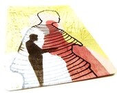 original ACEO painting  //  black silhouette ink drawing // retro pop artist trading card, chartreuse, red, street art