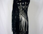 2 x Lavish Navy & Black Silk Ribbon Macrame Hand Knotted Flapper 1920s Piano Shawls Long Fringe - Romantic Nouveau Wrap Stole Cape Skirt