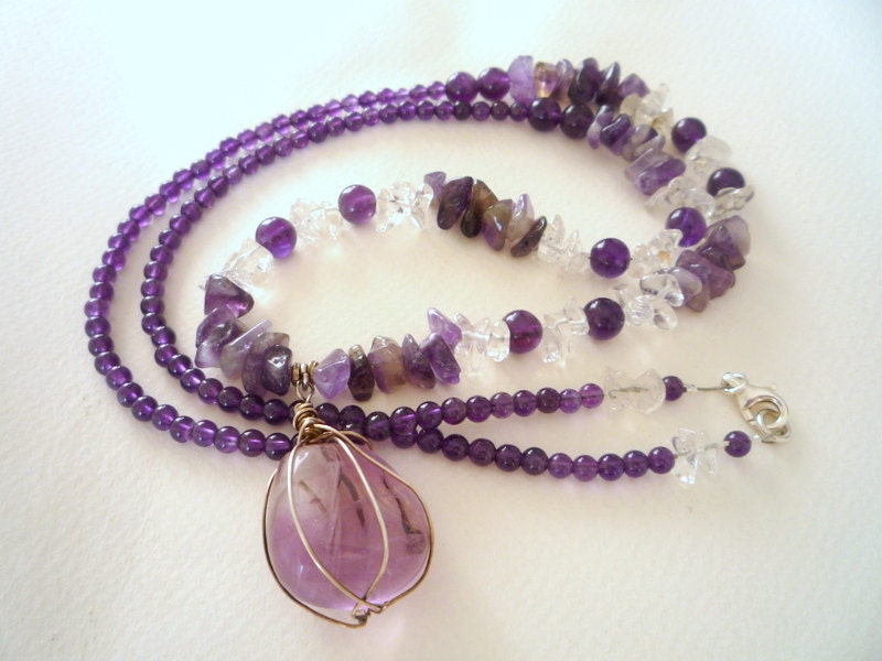 Amethyst, Crystal Quartz semiprecious stones long necklace with Fluorite pendant.