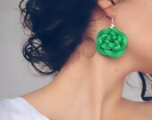 Green flower knot earrings, satin cords, turk's head, spring summer 2013 trends, delicate, elegant, gift for her, rope jewelry