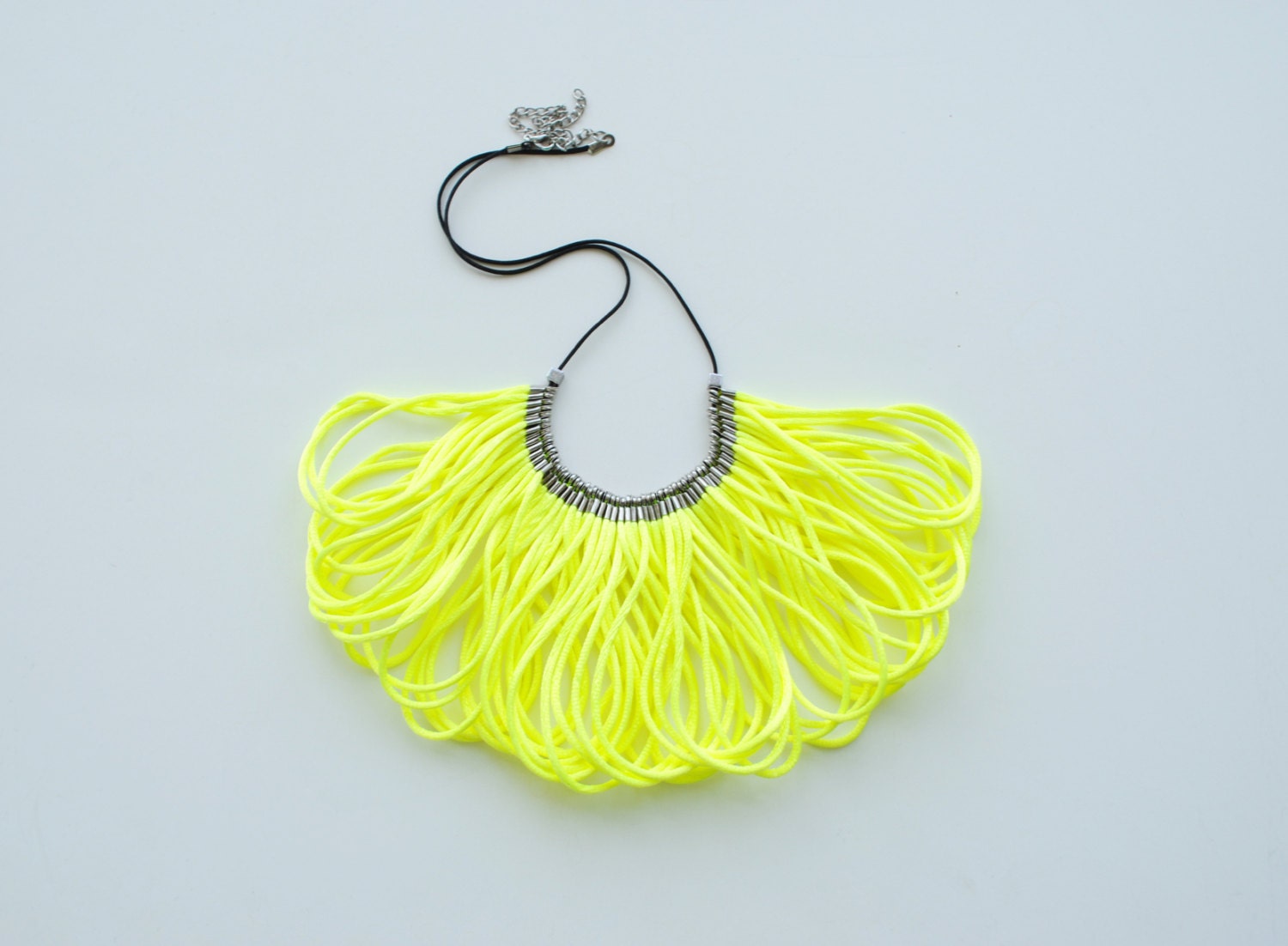 Neon yellow statement bib necklace, curly necklace, satin cords, neon jewelry, rope jewelry, summer trends, minimalist