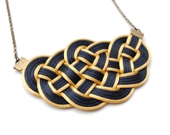 Big knot necklace, black and gold, nautical style, satin cords, spring, rope jewelry, gift for her, Valentine's day