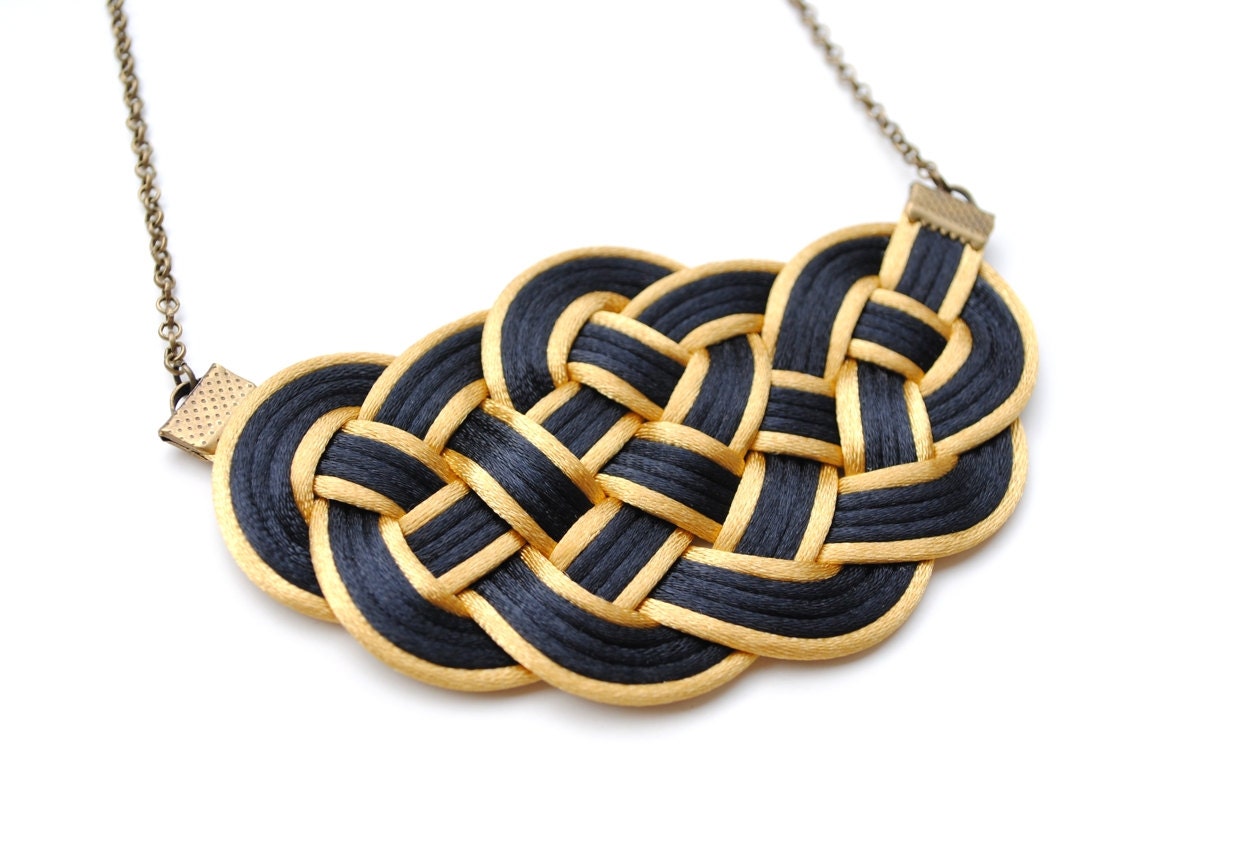 Big knot necklace, black and gold, nautical style, satin cords, spring, rope jewelry, gift for her, Valentine's day