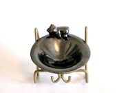 Vintage Handcrafted Pottery Ring Holder Bowl w/ Sleepy Kitty Cat in Antique Pewter Glaze Finish