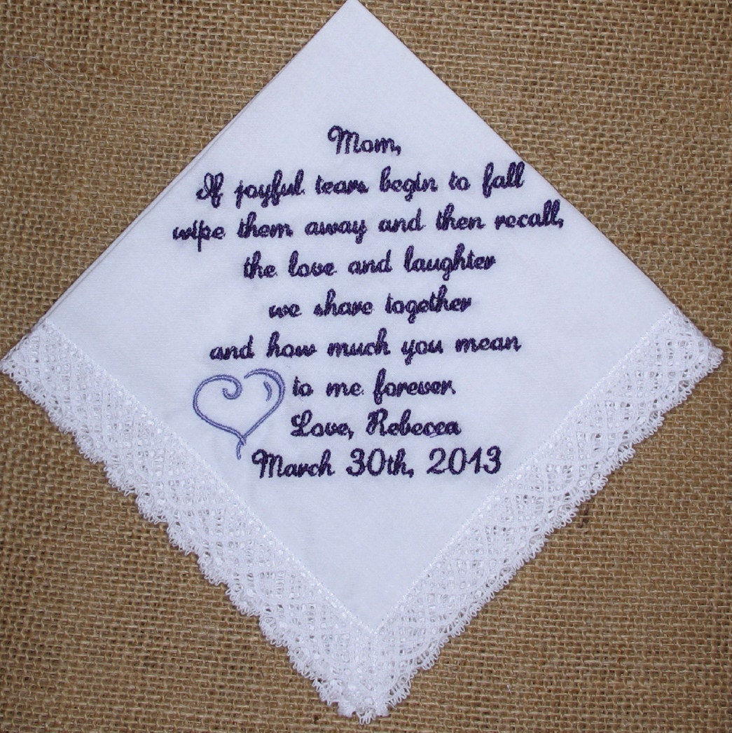 Gift for Mother of the Bride Custom Embroidered Wedding Handkerchief