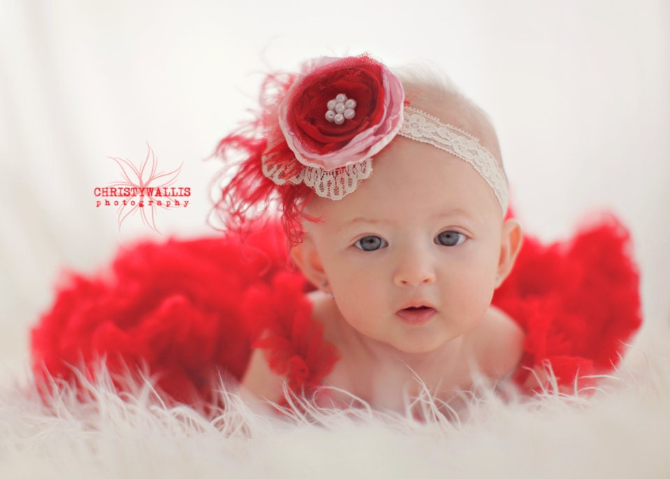 Children's Valentines Headband- Be Mine- Red and light pink- with red and pink accents, feathers, pearls and lace
