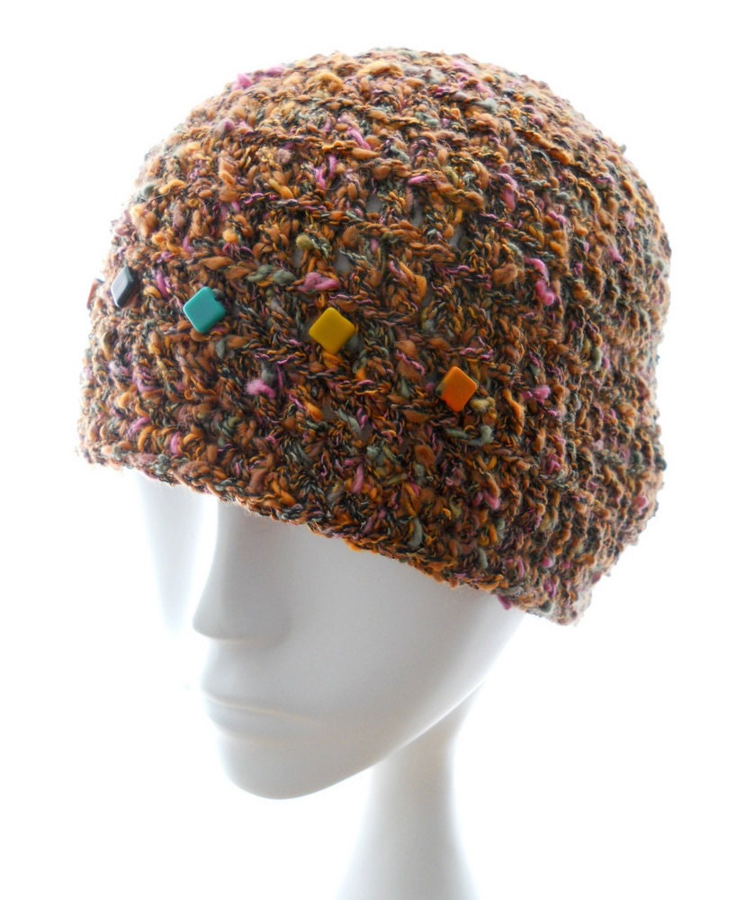 Women's crocheted hat, vegan beanie hat, brown tweed hat, hat with five little square beads, fall fashion, medium and large hat