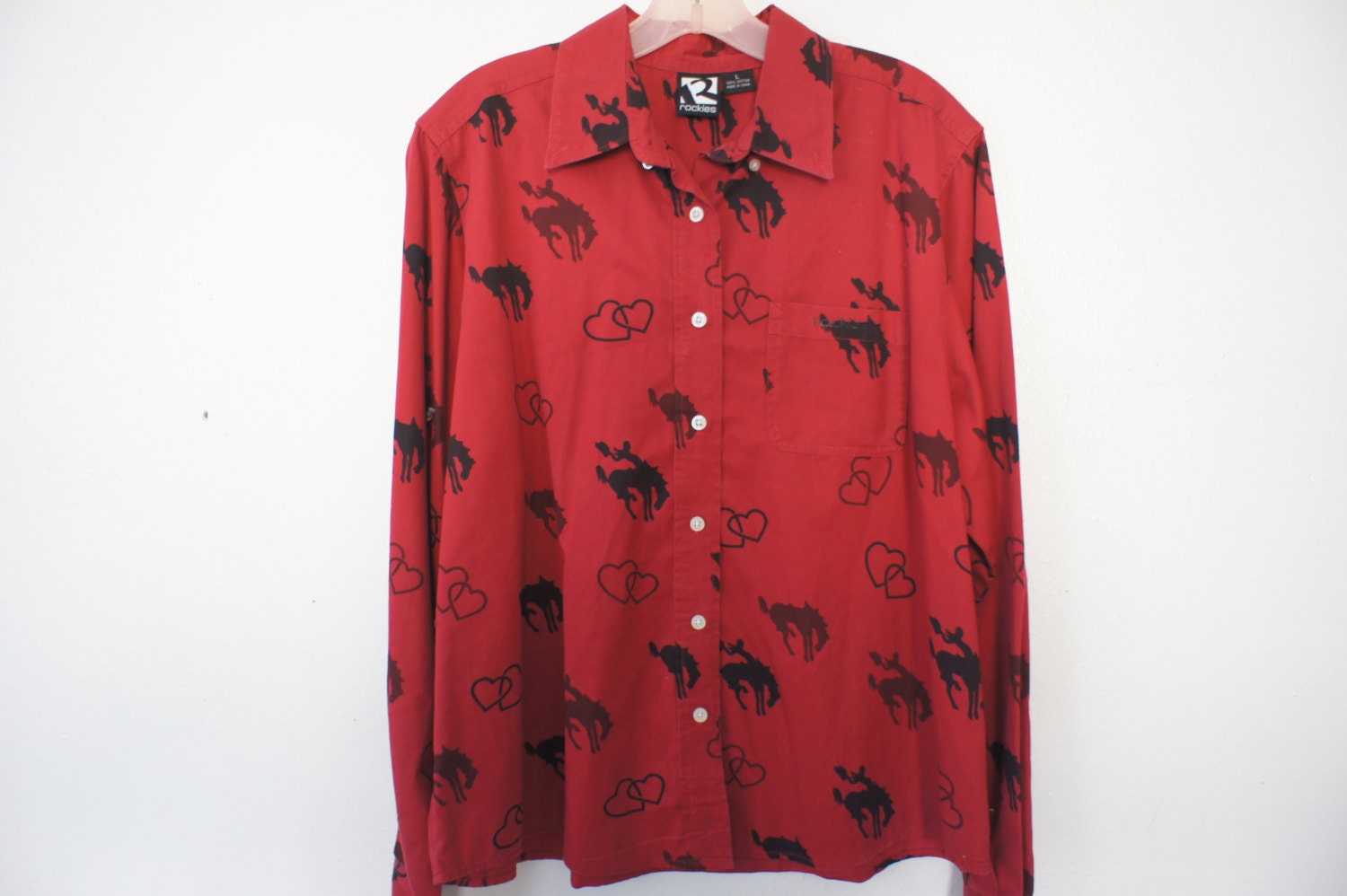 Red Western Shirt Southwestern Hearts Horses Navajo Womens size Large