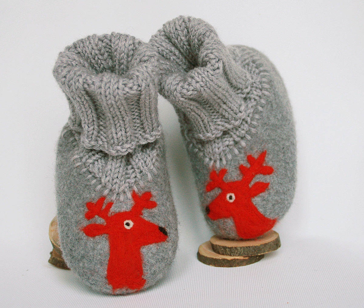 Red Deer- Handmade Eco friendly Organic felt knitted grey red baby toddler boy girl slippers boots shoes socks - Size 7,5 - 8 Ready to ship