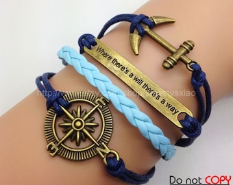 Anchor  & Compass Bracelet (Where There's a Will There's a Way) Navy Blue Rope  and Blue leather  Personalized Adjustable 2124S