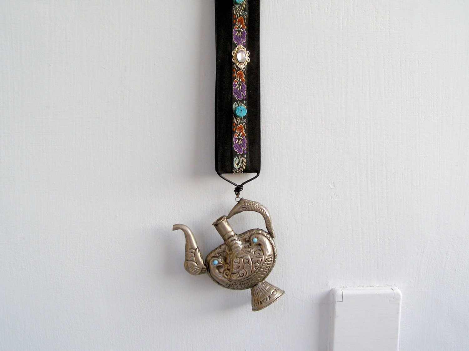Wall Art Pitcher Mobile, silver plated Artistic Pitcher pendant or bud Vase, Oriental, Boho chic, Folk Art, Vintage pitcher