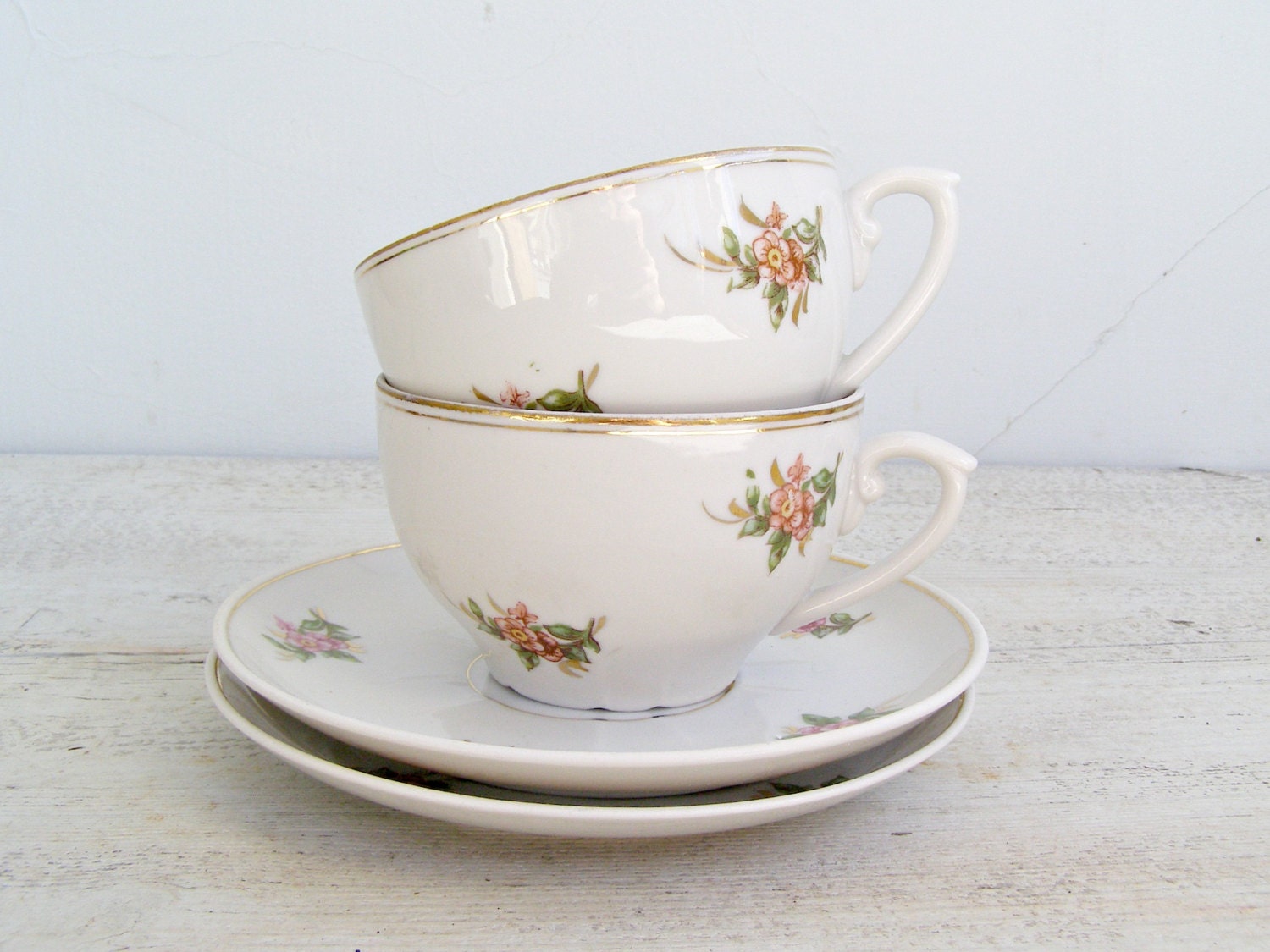 Vintage Floral Porcelain Teacup Set, Russian white Porcelain, Pink, Green, Cottage chic, Shabby chic, Retro kitchen