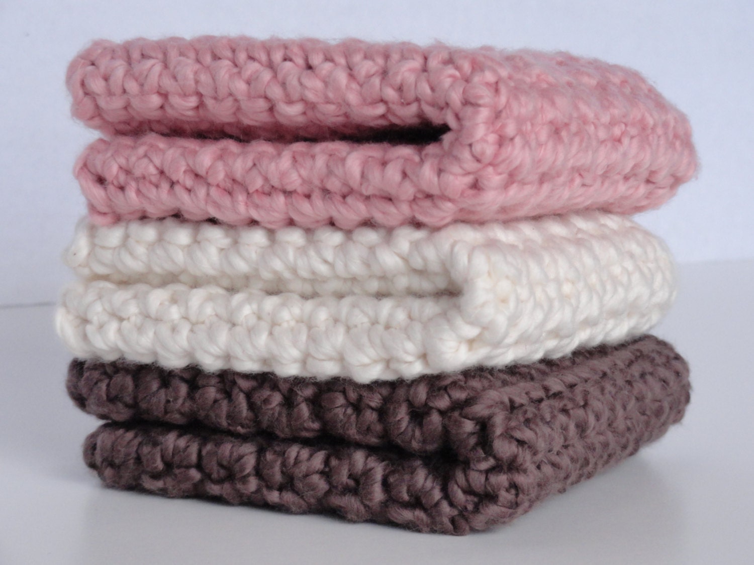 Organic Cotton Crocheted Washcloths Set of Three Neopolitan Colors Soft Gentle