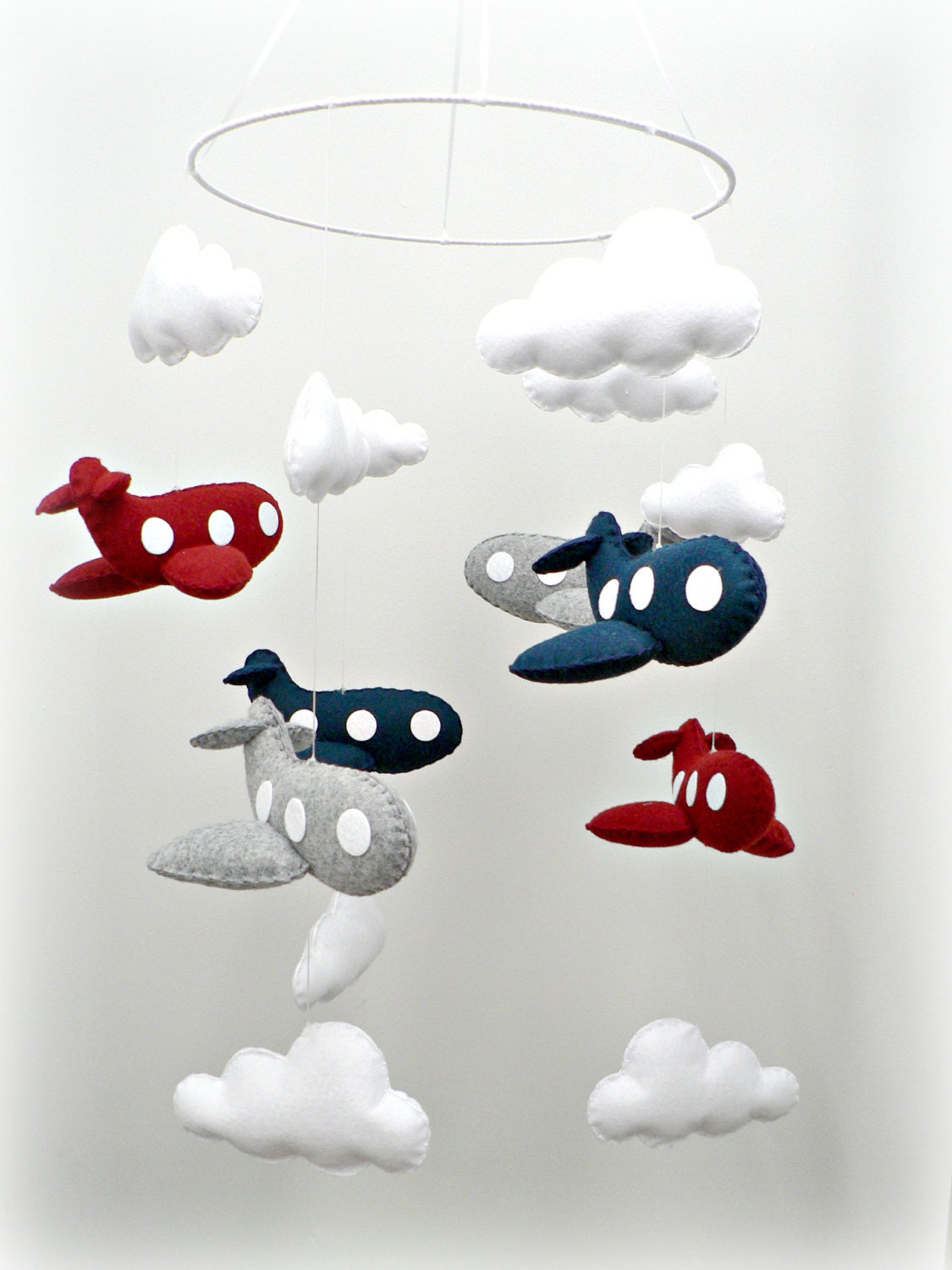 Airplane mobile - baby mobile - nursery decor - You pick your colors - crimson, navy, gray felt airplanes, white clouds - LullabyMobiles