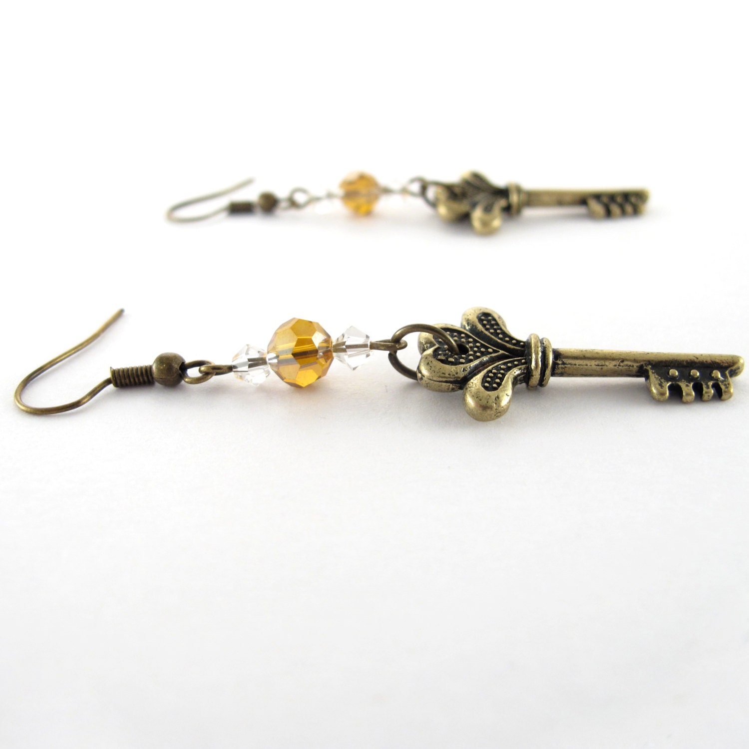 Skeleton Key Earrings With Orange and Clear Beads