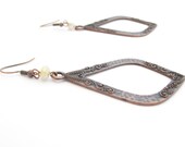 Big Copper Earrings, Teardrop Shape, White Crystal Bead Accent