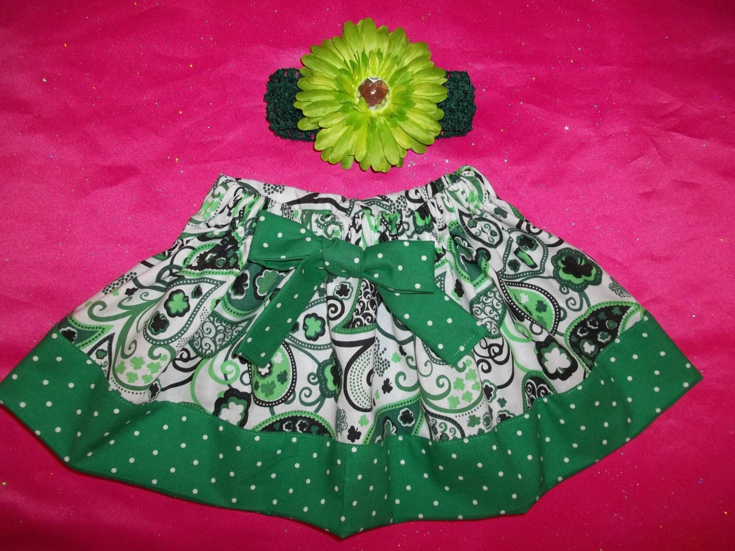 St Patricks Day outfit dress skirt My First 1st baby girl green polka dot paisley fabric newborn 3 6 12 18  24 2t 3t 4t flower headband bow