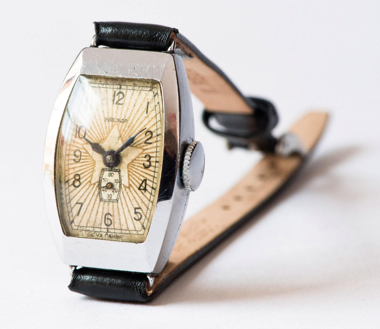 Antique ladies wrist watch Zvezda/Star very rare Soviet star gold tone face premium leather watch