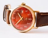 Vintage men's watch Vostok gold plated mechanical wrist watch brick red face wristwatch