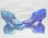 Vintage Pair of  Carnival Daisy and Button Glass Shoes Slippers Blue Purple Iridescent Glass Gift for her Shoe Fanatic  Collectable