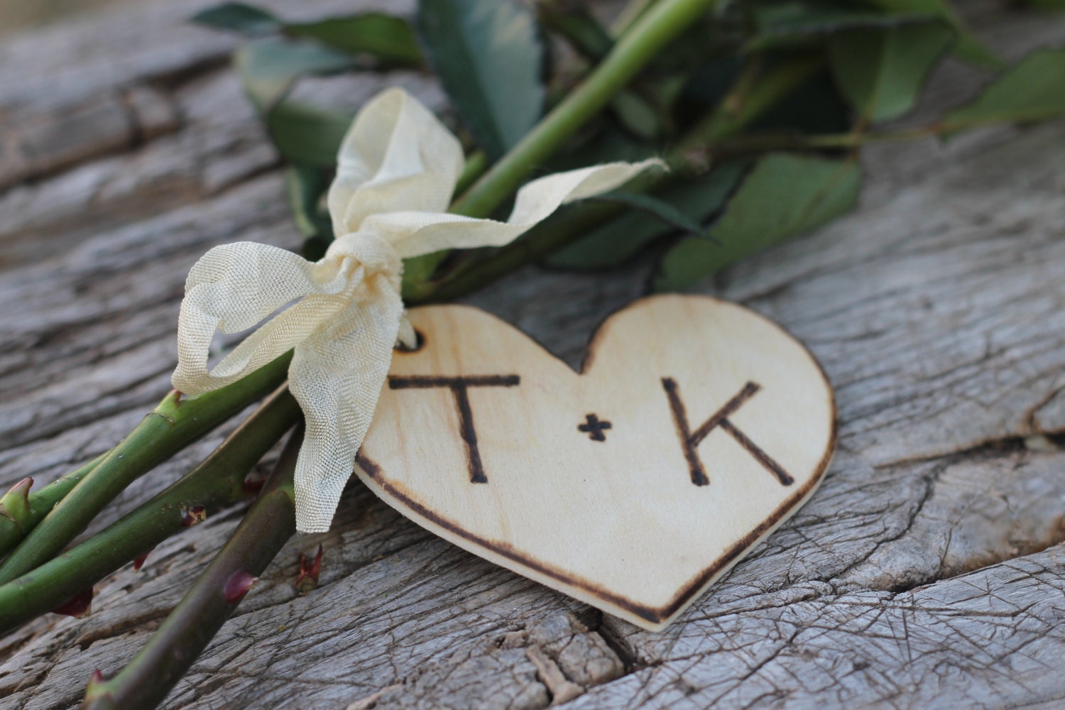 Wedding Bouquet Charm Rustic Wood Heart Personalized Initials  Custom Color Ribbon