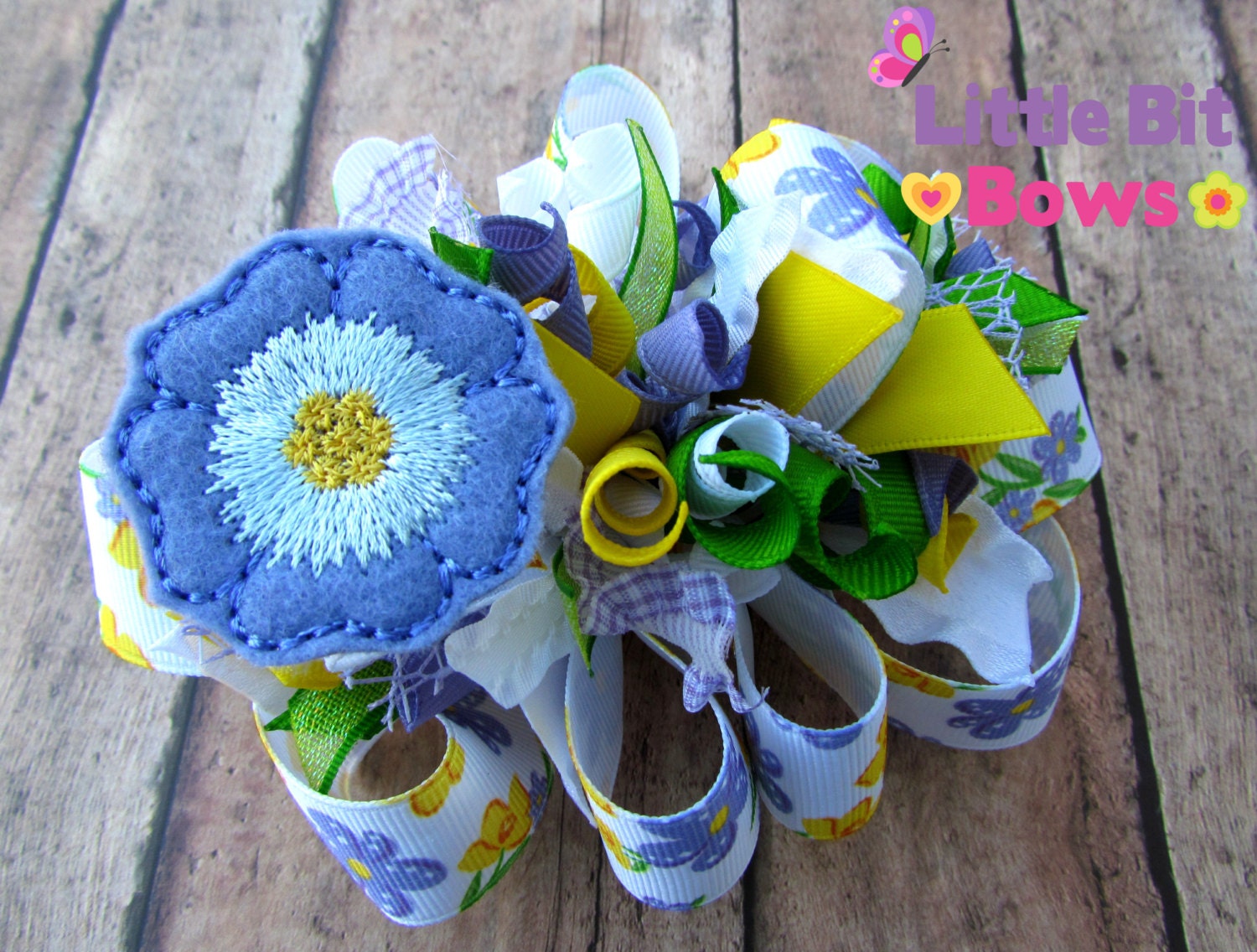 Purple, Green and Yellow Spring Flower Feltie Boutique Funky Bow