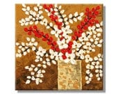 Red and White Flowers in a Vase. Original Handpainted Acrylic Thick 3d Texture Impasto Palette Knife Painting. Size 10 x 10.