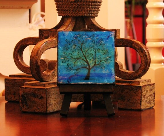Mini Whimsical Swirly Black Tree with Easel. Original Handpainted Acrylic Thick 3d Texture Impasto Palette Knife Painting. Size 3 x 3.