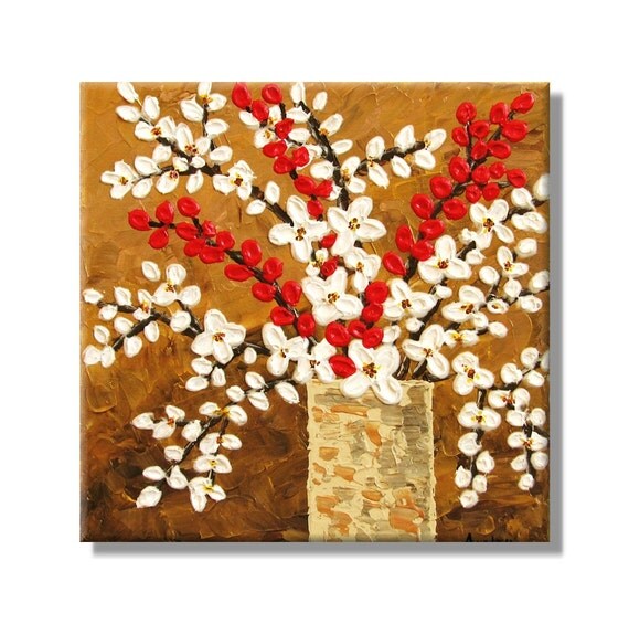 Red and White Flowers in a Vase. Original Handpainted Acrylic Thick 3d Texture Impasto Palette Knife Painting. Size 10 x 10.