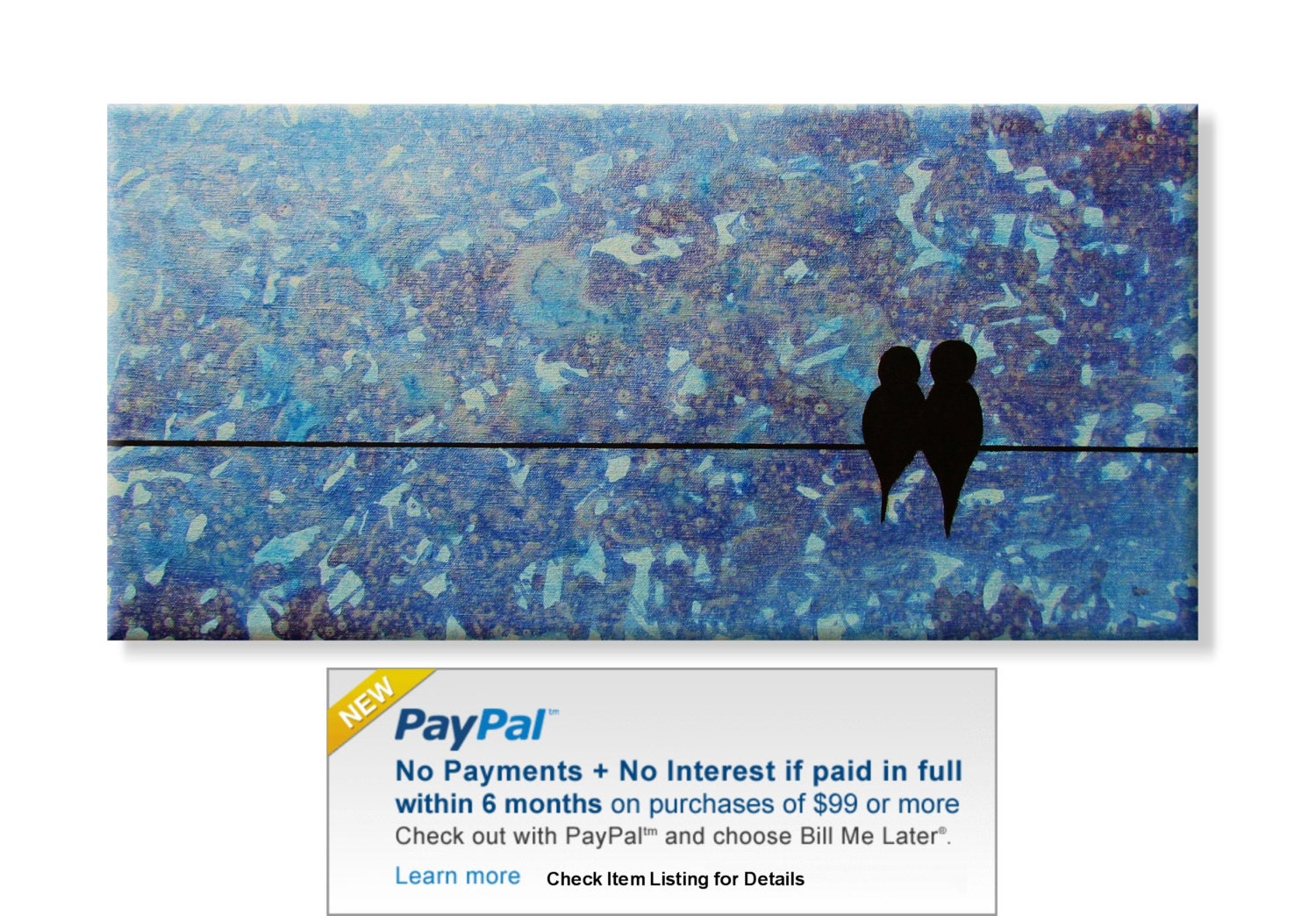 Birds on a Wire with Metallic Blues. Original Handpainted Acrylic Painting. Size 12 x 24.