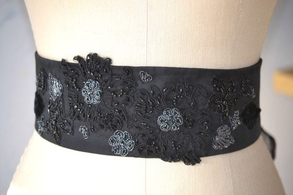 Black satin gray sash belt silk organza hematite beads applique engagement mother of bride