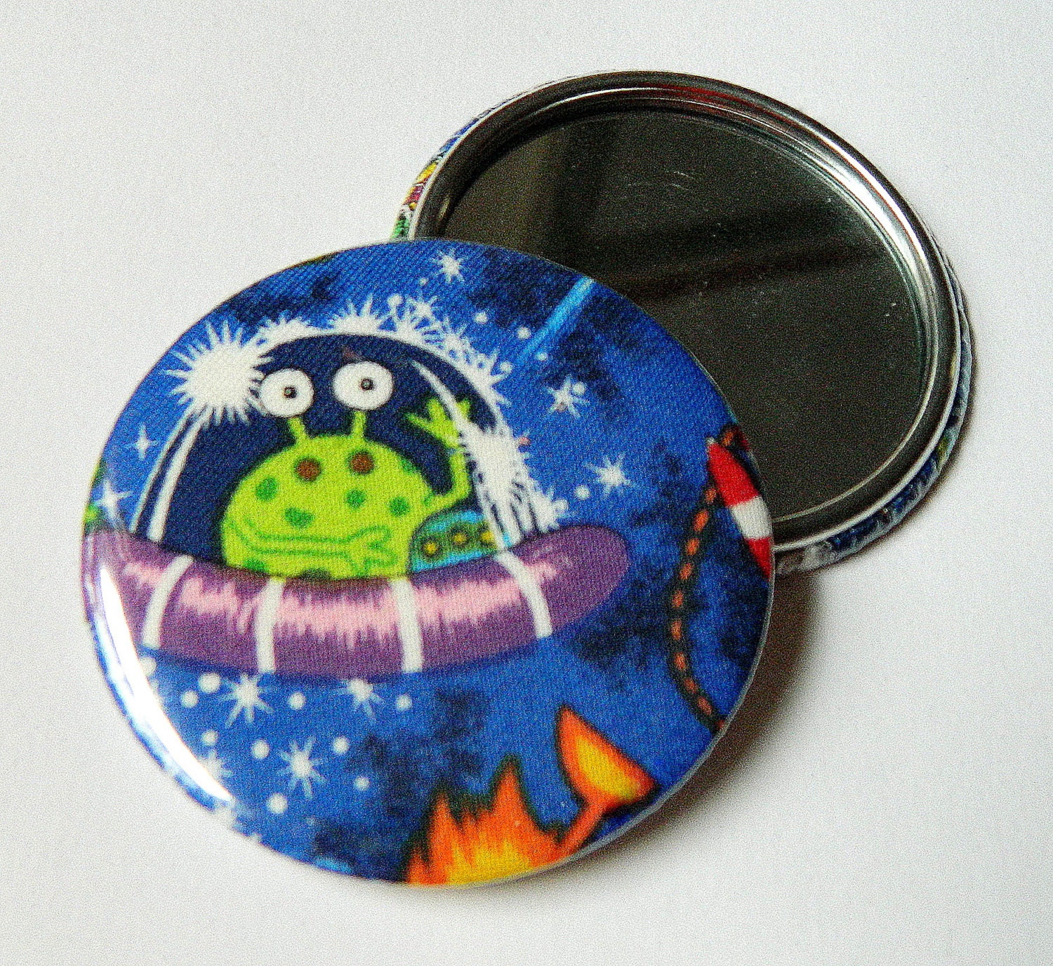 Aliens Pocket Mirror.  Handbag Mirror, space print fabric.