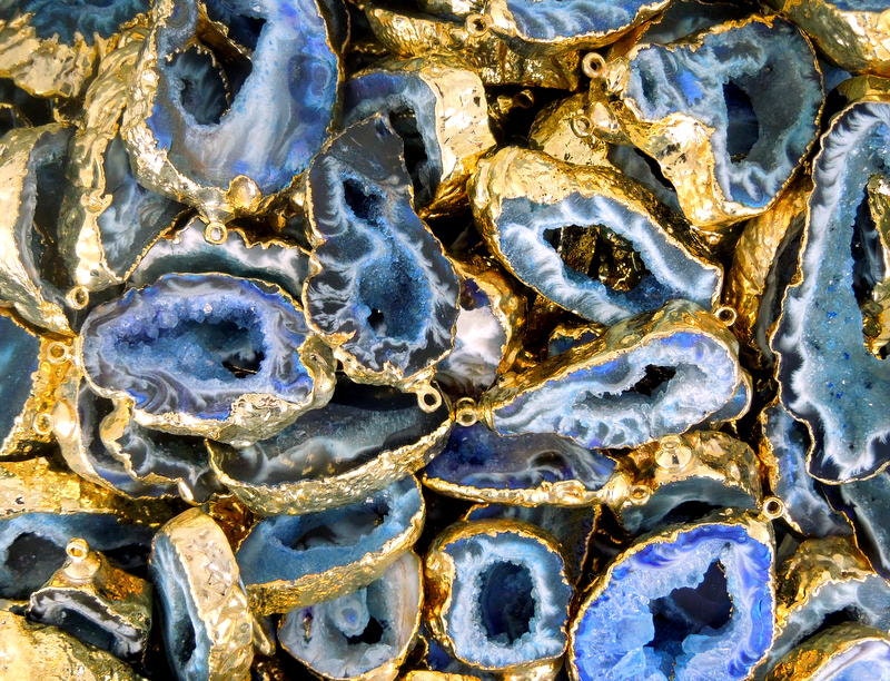 Blue Agate Druzy Slice Pendant--  Dyed Blue Agate Druzzy Druzy gold edged Pendant