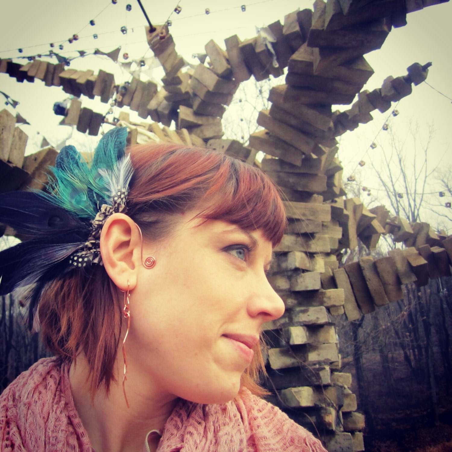 Feather Ear Cuff in Purple and Teal Peacock Feathers Tribal Copper