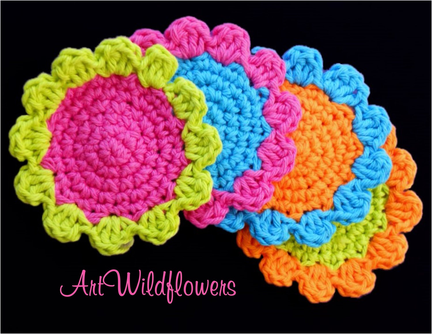 4 Flower Coasters - Crochet Floral Coaster Set - Neon Rainbow Colors - Housewarming Gift - Bridal Shower & Wedding Gift - Teen Room Decor