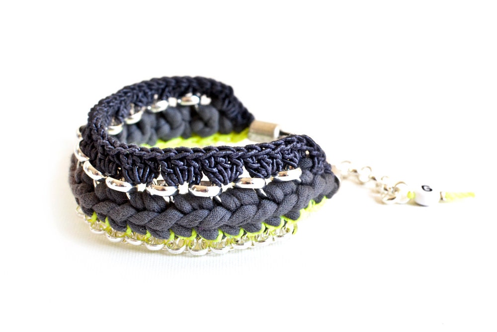 Dark Grey Statement Bracelet, Neon Yellow Crochet Details, Silver Plated Chain