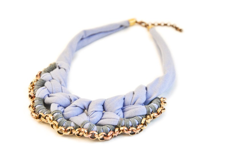 Lavender Fabric Bib, Light Blue Purple Crochet Collier, Grey Yarn and Oxidised Chain