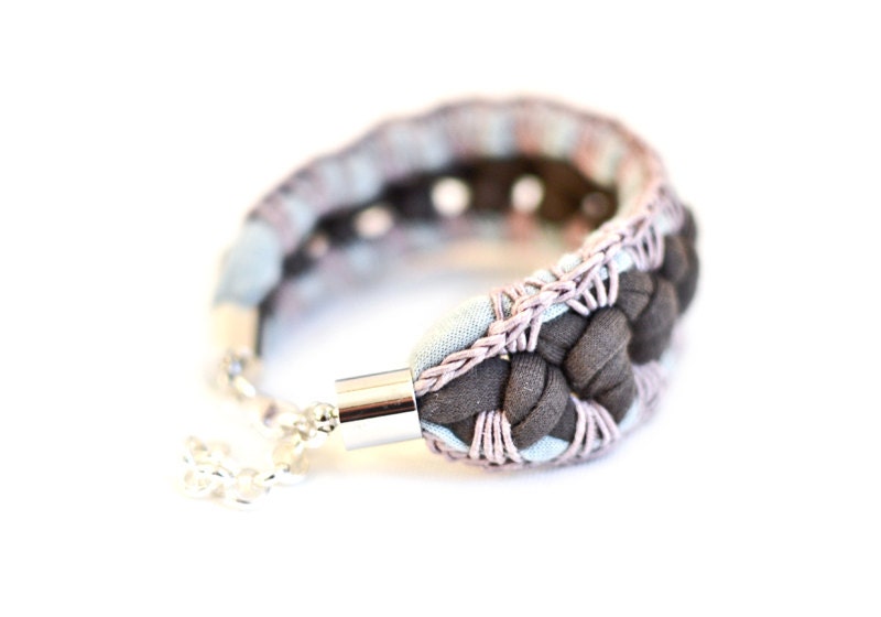 Fabric Bracelet Grey Mauve Blue, Crochet Bracelet