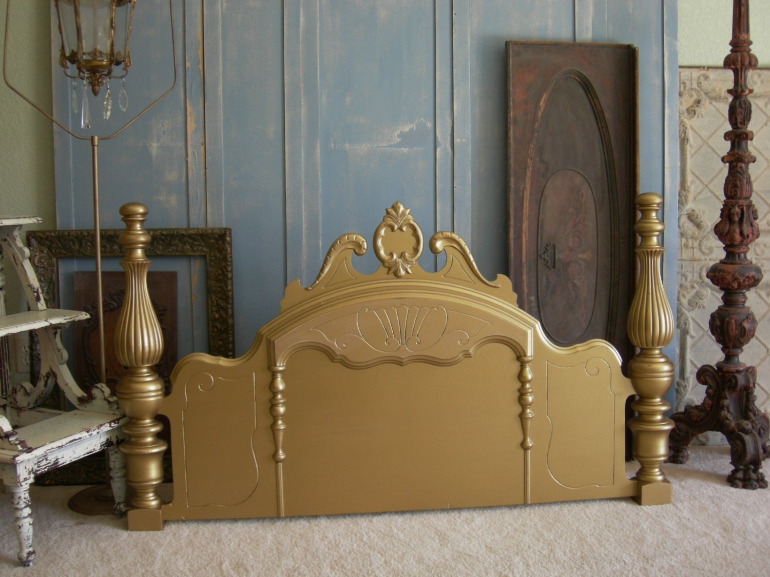 Old Shabby Queen Or Full Headboard Chic Distressed French Gold Paint