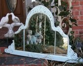Triple WALL MIRROR Robins Egg Blue Paint Shabby Chic Crown Top Ghosty Silvering Etched Glass Antique