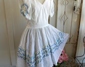 Vintage Square Dance Dress Bigger Plus Size Cream Blue Ruffles Bows Full Skirt Cotton Bust 44