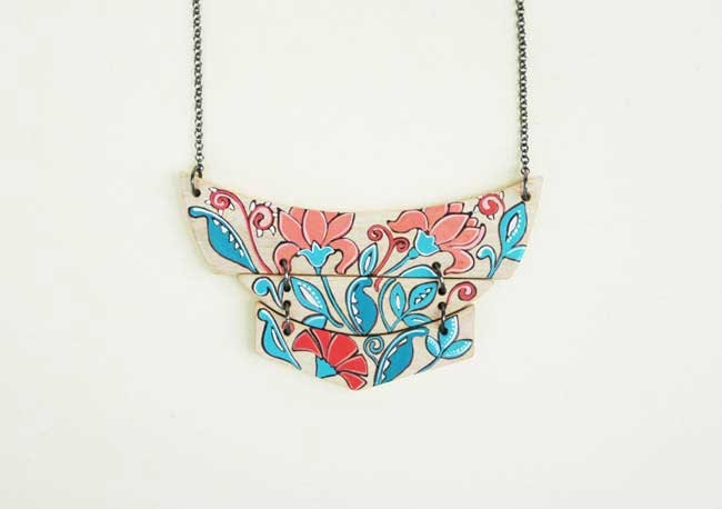 Flower Necklace Floral Statement Necklace Hand Painted Original Wearable Art Spring Necklace Botanical Necklace