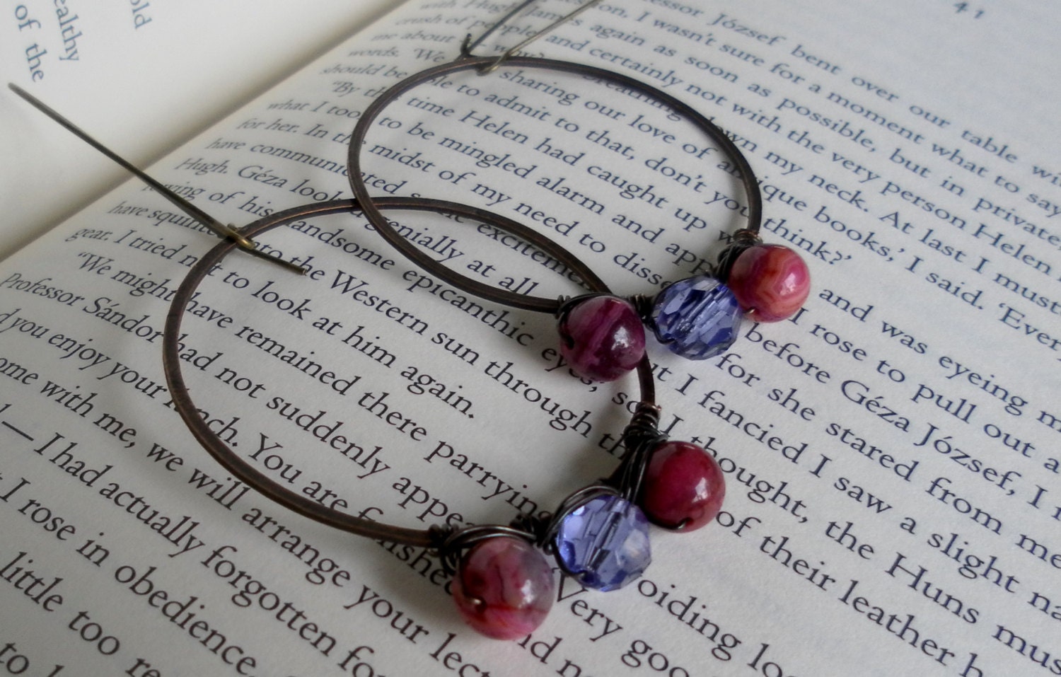Purple Pink Lace Agate Earrings Wire Wrapped Brass Sassy Hoop Earrings