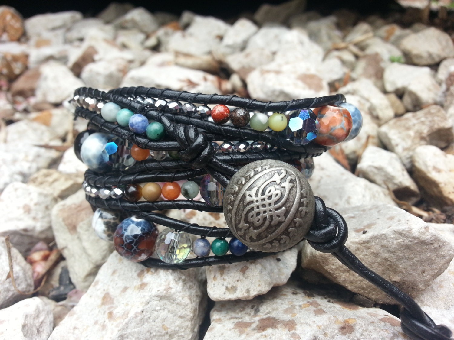 Handmade Graduated 5 wrap Chan Luu Style wrap bracelet with small silver button Wrist tattoo cover